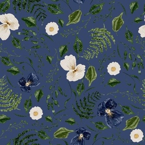 Pressed flowers white and navy with greenery | Navy