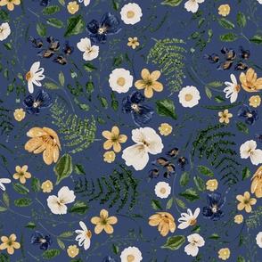 Pressed flowers in yellow, navy, cream and greenery  | Navy