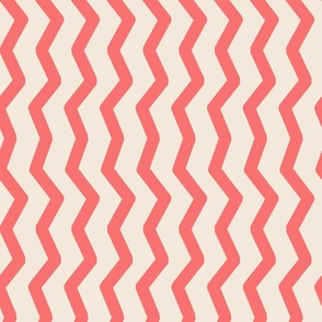 Pink Coral Wonky Vertical Zig Zag Lines on a white linen background