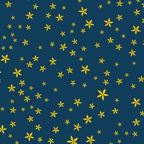 Large Scattered Yellow Flowers on Dark Blue