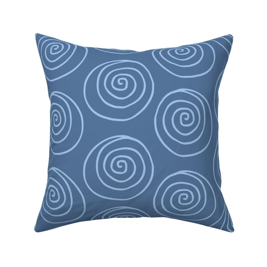 Spiral Shells hand drawn, abstract doodles, sky blue on dusky blue, in home décor, bedding, fabric