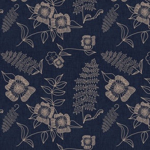 Large Scale Flowers and Ferns on navy