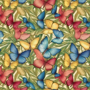 red gold and blue green flight of butterflies inspired by william morris