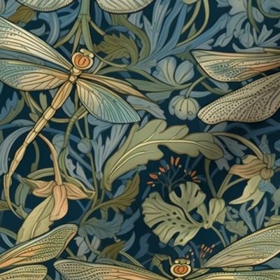 art nouveau flight of green and yellow dragonflies inspired by william morris