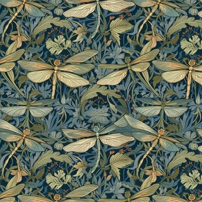 art nouveau flight of green and yellow dragonflies inspired by william morris