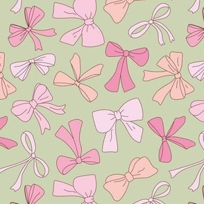 Vintage fifties freehand bows - fun retro style tossed bow design boho girls pink on sage green pastel 