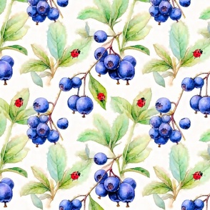 Watercolor summer forest blueberries and ladybirds