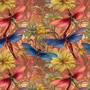 william morris inspired dragonflies in blue red and gold