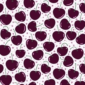 cherries and tiny hearts - deep purple and white - small