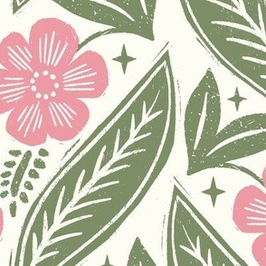 XL - Daisy Block Print - Pink and Sage Green