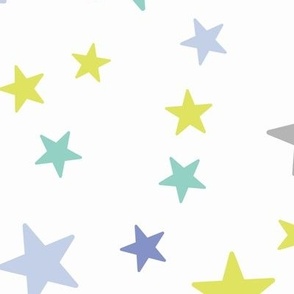 278 - Large scale stars in chartreuse green, grey, teal and periwinkle blue, for kids apparel, nursery wallpaper and curtains