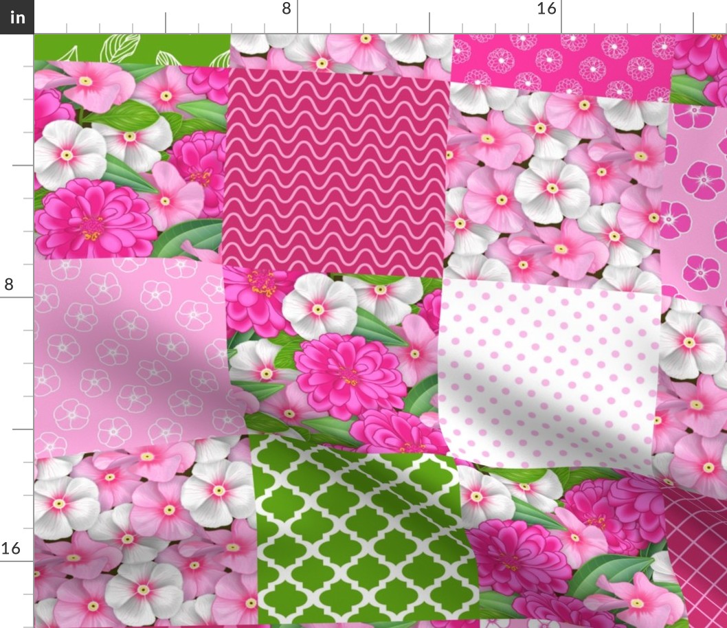 Zinnia and Impatiens Cheater Quilt // Fuchsia, Pink, Magenta, Wine Red, Green, White // One Yard Quilt // 300 DPI