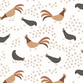 happy chickens and roosters in muted earth tones - large size