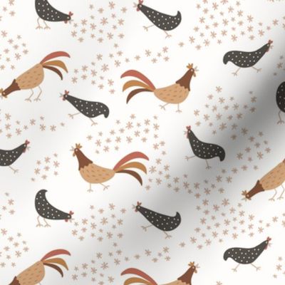 happy chickens and roosters in muted earth tones - medium size