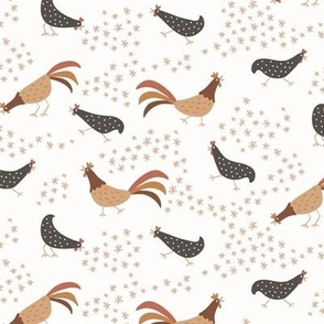 happy chickens and roosters in muted earth tones - medium size