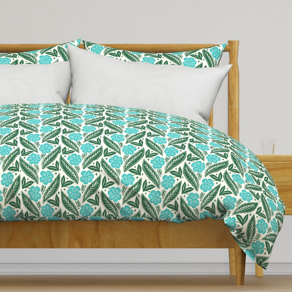 L - Daisy Block Print - Aqua and Green