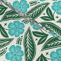 L - Daisy Block Print - Aqua and Green