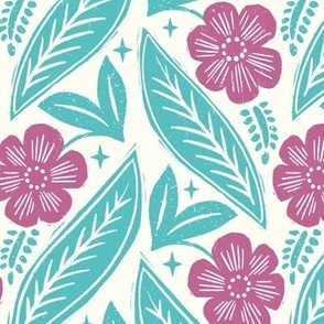 L - Daisy Block Print - Peony and Darker Pool