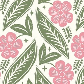 L - Daisy Block Print - Pink and Sage Green