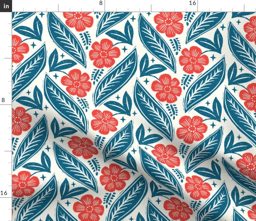 L - Daisy Block Print - Red and Blue