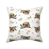 Cute Sloth with Tropical flowers on white