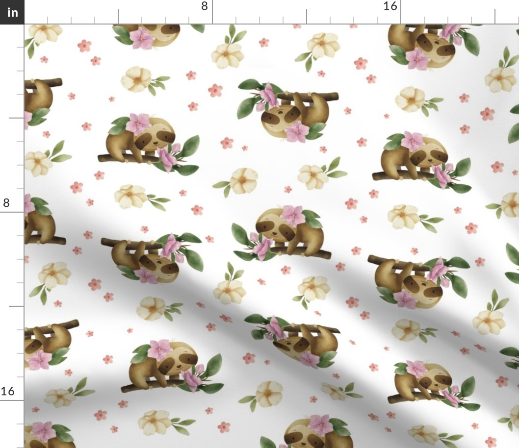 Cute Sloth with Tropical flowers on white