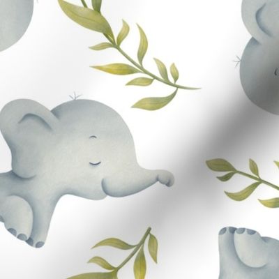 Large - Sweet Baby Elephant with leaves on white