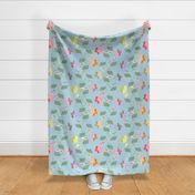 Multicolored Chintz Flower Stripe on Overlapping Sky Blue Polka Dots