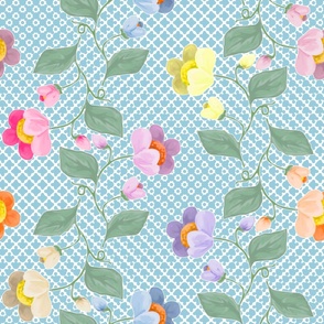 Multicolored Chintz Flower Stripe on Overlapping Sky Blue Polka Dots