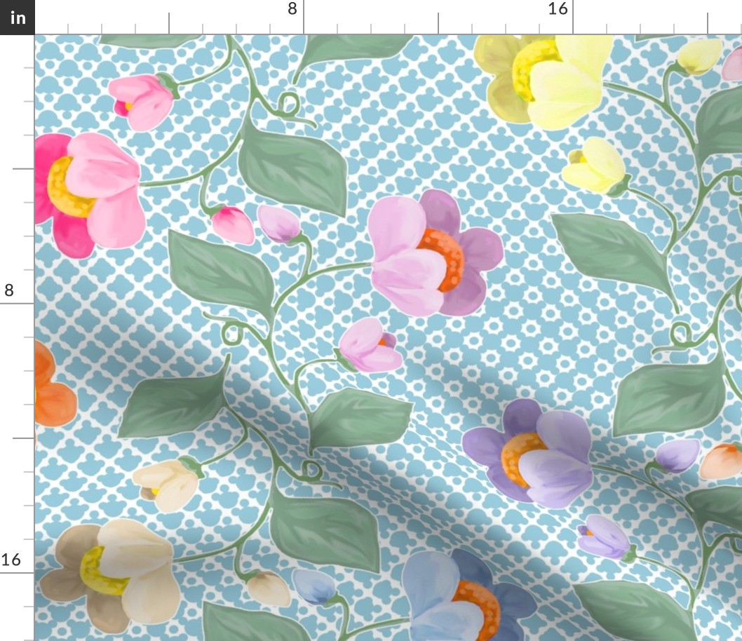 Multicolored Chintz Flower Stripe on Overlapping Sky Blue Polka Dots