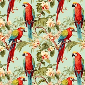 Tropical Serenade: Vivid Parrots Amidst Blossoms