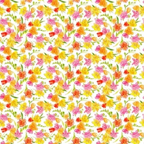 Small Stylised Watercolor Bright and Fresh  Freesias in Pink, Yellow, Orange  with White Background