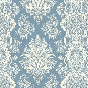 1600s Vintage French Renaissance Design in Ivory on French Blue - Coordinate