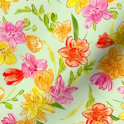 Medium Stylised Watercolor Bright and Fresh  Freesias in Pink, Yellow, Orange  with Dulux Fresh Lime Half Light  Green Background