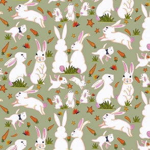 Cute and Playful Rabbits Family in Muted Green