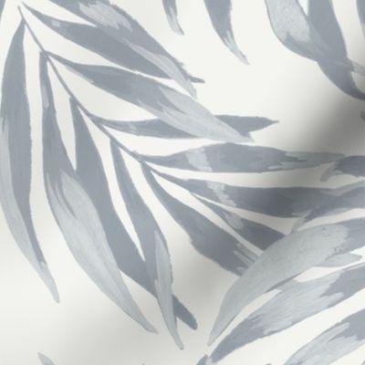Medium Half Drop Painterly Tropical Palm Leaves in Monochrome Dulux  Aerobus Grey with Vivid White Background