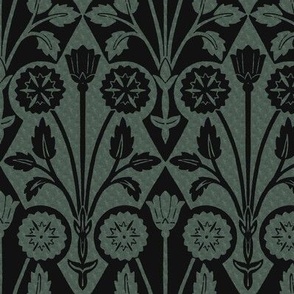 1910 Vintage Floral Harlequin Counterchange in Textured Forest Green and Black