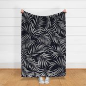Large Half Drop Painterly Moody Tropical Palm Leaves in Faux Silver with Cool Black Background