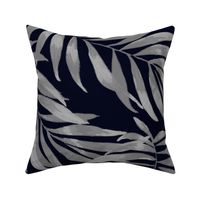 Large Half Drop Painterly Moody Tropical Palm Leaves in Faux Silver with Cool Black Background