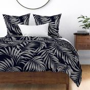 Large Half Drop Painterly Moody Tropical Palm Leaves in Faux Silver with Cool Black Background