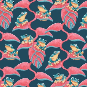 Tropical Frog and Lobster-Claws - on navy blue