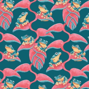 Tropical Frog and Lobster-Claws - on teal blue