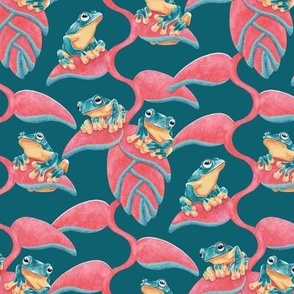 Tropical Frog and Lobster-Claws - on teal blue, small 