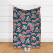 Tropical Frog and Lobster-Claws - on teal blue, large 