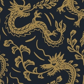 Japanese dragons block print - black and golden - year of the dragon 2024 - medium scale 
