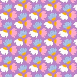 Pink, blue and white daisies on purple tossed modern retro (small)