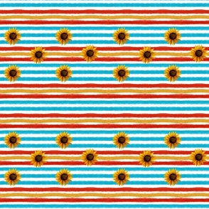 Sunflowers and stripes  watercolor hand-drawn pattern, blue, white, yellow, and red color palette.