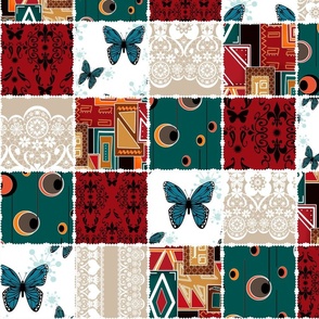 beautiful red turquoise patchwork with butterflies