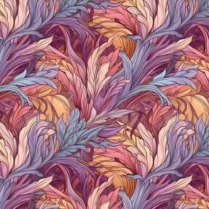 art nouveau tropical burst of orange gold and pink purple floral feather blooms