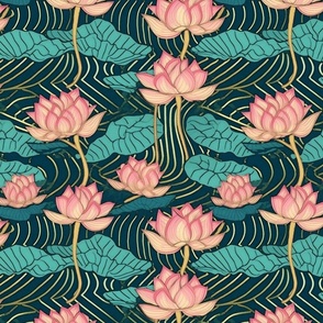art nouveau geometric lotus in pink peach and green